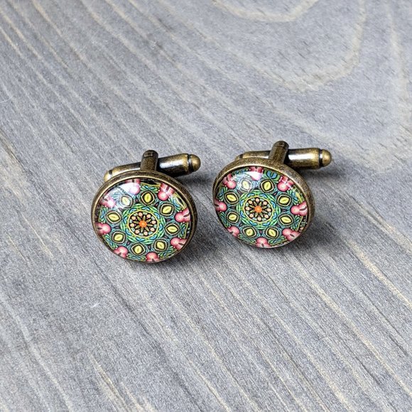 Glass Dome Cuff Links with Green Kaleidoscope Pattern, Antiqued-Bronze Plated - Picture 5 of 16